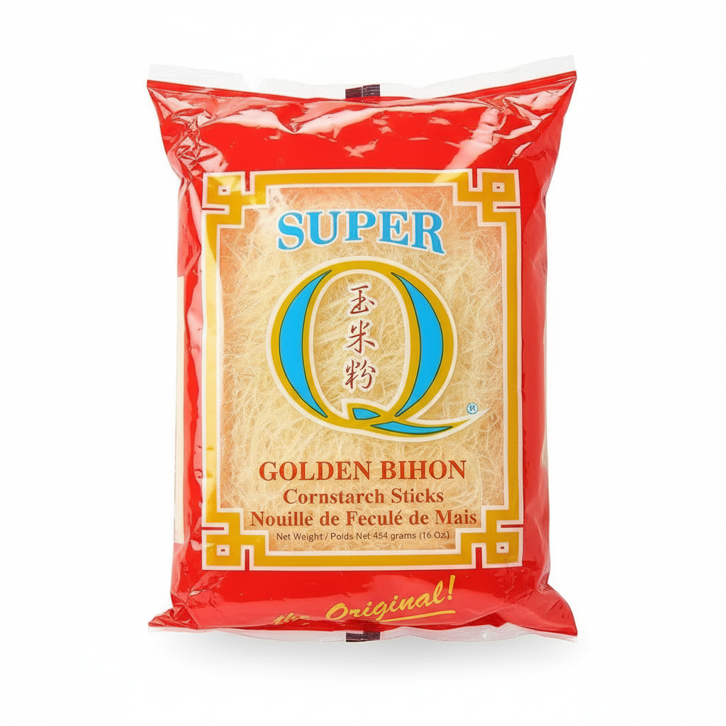Super Q Golden Bihon cornstarch sticks packaging with red border on a white background